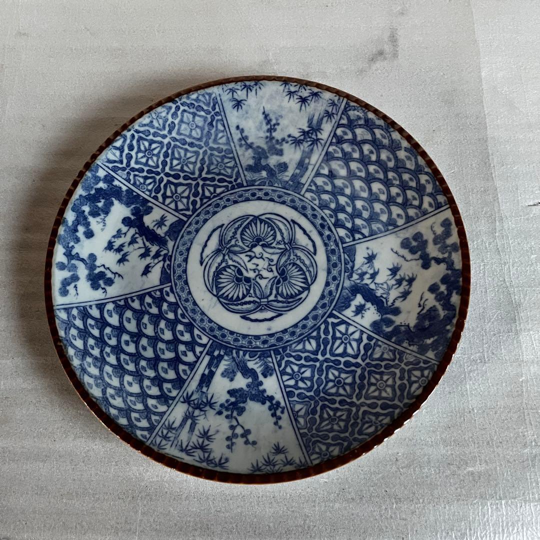 アンティーク　大皿　2枚セット　印判　明治時代　松竹梅　波紋様