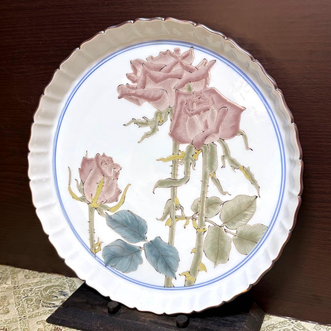 未使用保管品✨九谷焼 泰山窯 4代目 武腰潤 薔薇 色絵 8号皿✨飾皿 大皿 皿