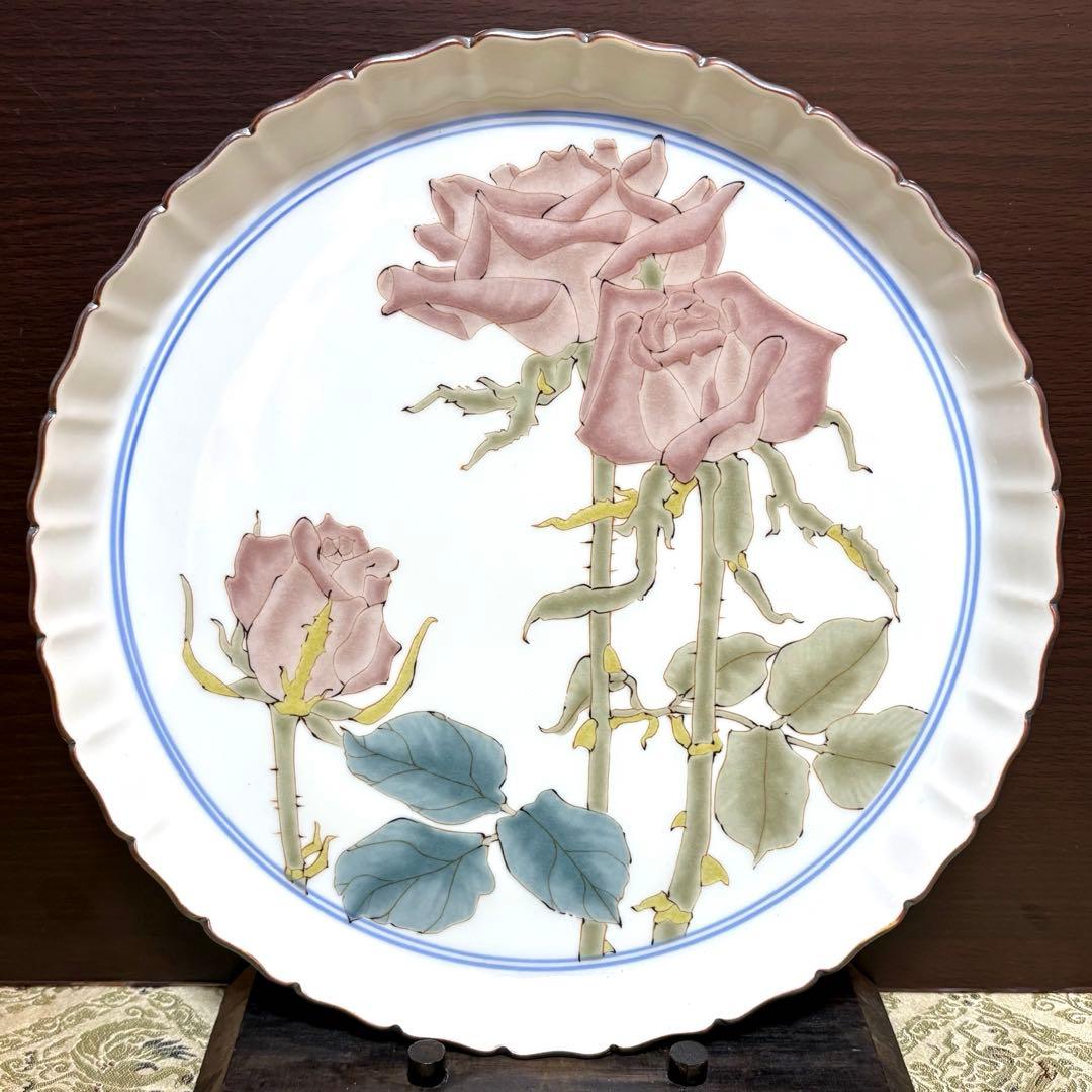 未使用保管品✨九谷焼 泰山窯 4代目 武腰潤 薔薇 色絵 8号皿✨飾皿 大皿 皿