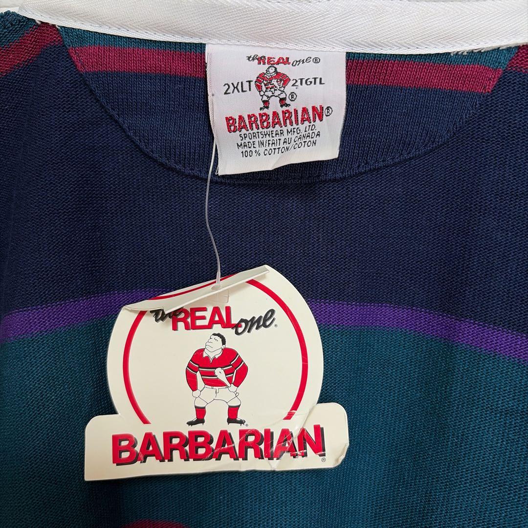 希少2XLT 90s BARBARIAN 厚手ラガーシャツ ボーダー 刺繍ロゴ