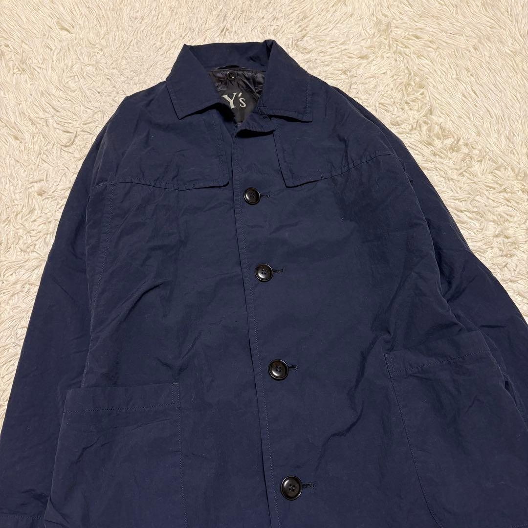 希少 Y's 中綿 コート ステンカラーコート ロング ネイビー S ナイロン