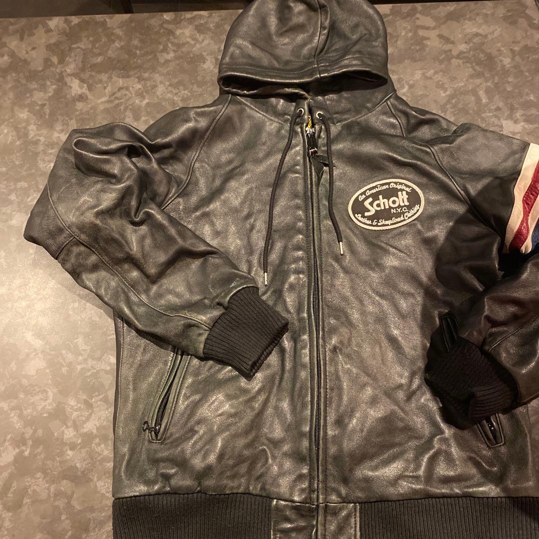 Schott社のフード付きのブラック本革古着レザーパーカー美品激安