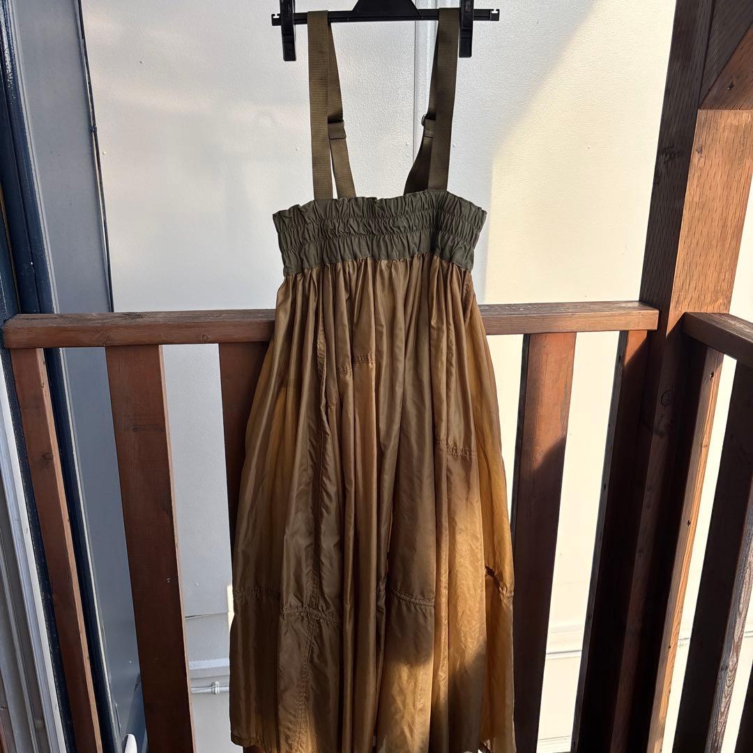 mori サスペンダー付きカーキ、ベージュナイロン　リメイク　ミリタリースカート