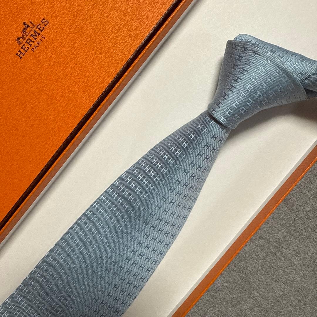 エルメス　ネクタイ　水色ブルー　H柄H織ファソネ　結婚式