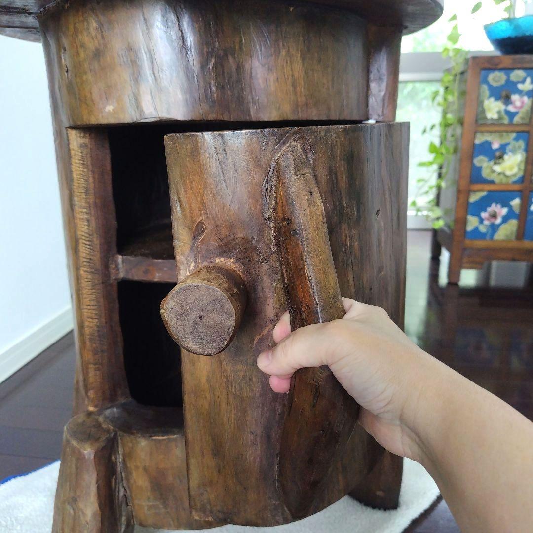 昭和レトロ当時物 原木 丸太テーブル 引き戸 収納付き