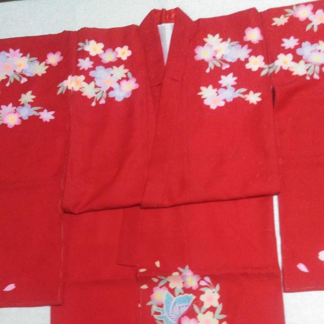 七五三　女の子　7歳　着物　四ッ身　祝い着　七才　赤　桜　蝶　卒園式