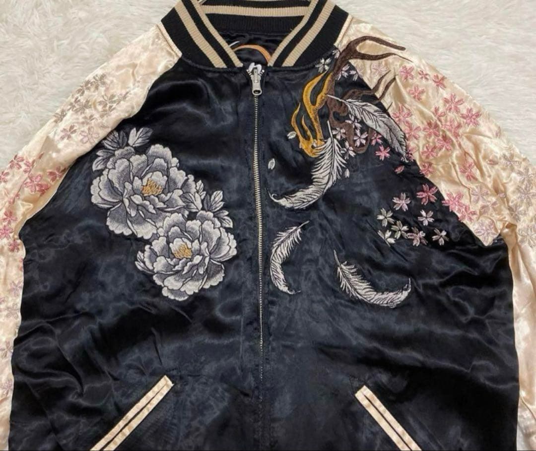 絡繰魂 粋 闘鶏 スカジャン リバーシブル ブラック×ゴールド 桜刺繍 L相当