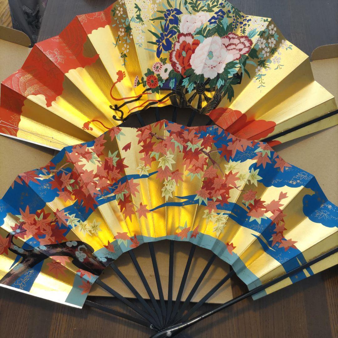 舞扇子 2本セット 金銀　花柄・紅葉柄
