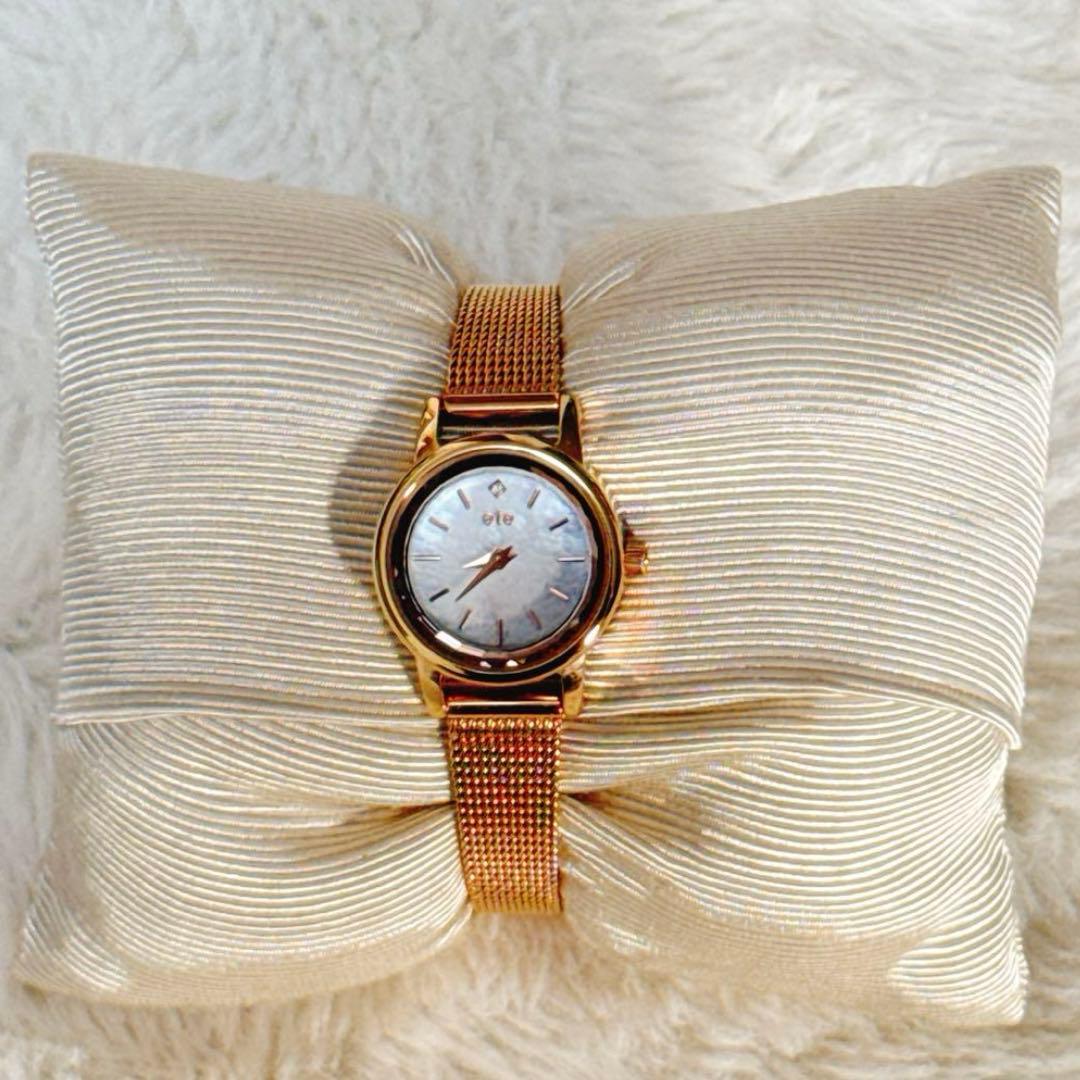 美品　ete メッシュ金属ベルト 貝殻文字盤　ピンクゴールド　ソーラー電池
