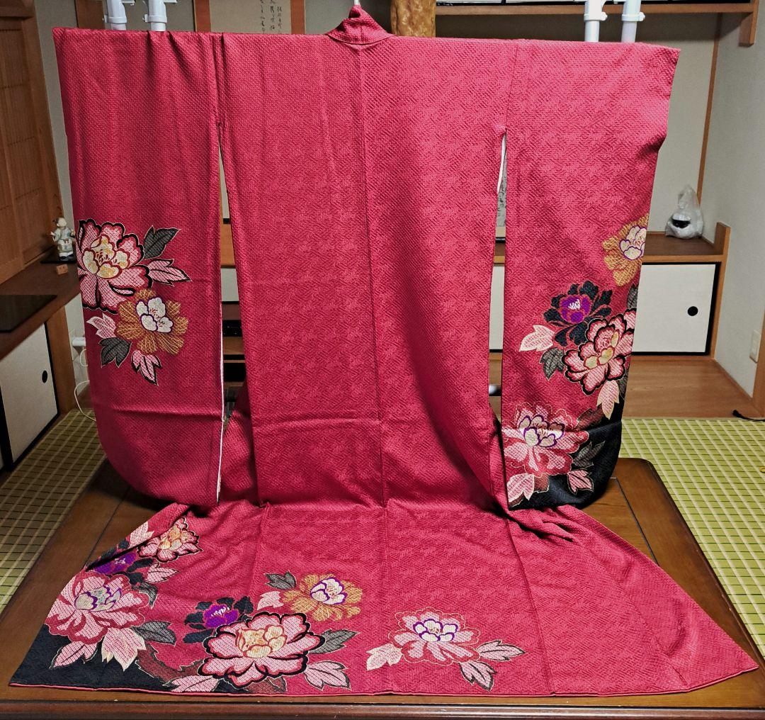 総絞り振袖　振袖　深紅　ボルドー