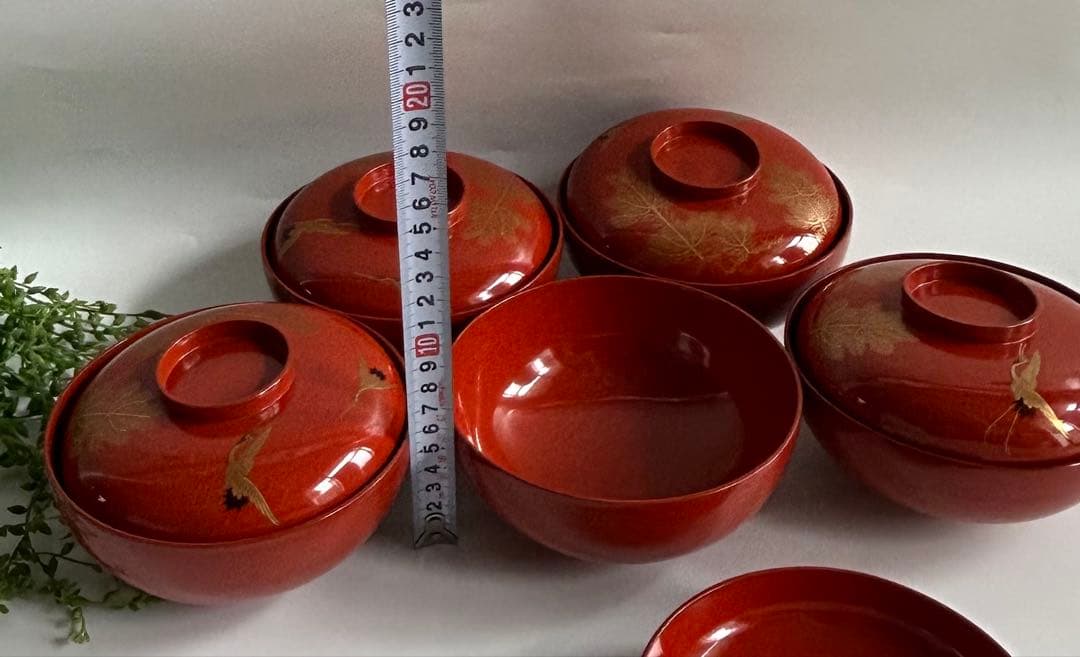 漆器 輪島塗　天然木製 金蒔絵　松と鶴の模様　縁起柄　煮物椀　吸い物椀　蓋付5客