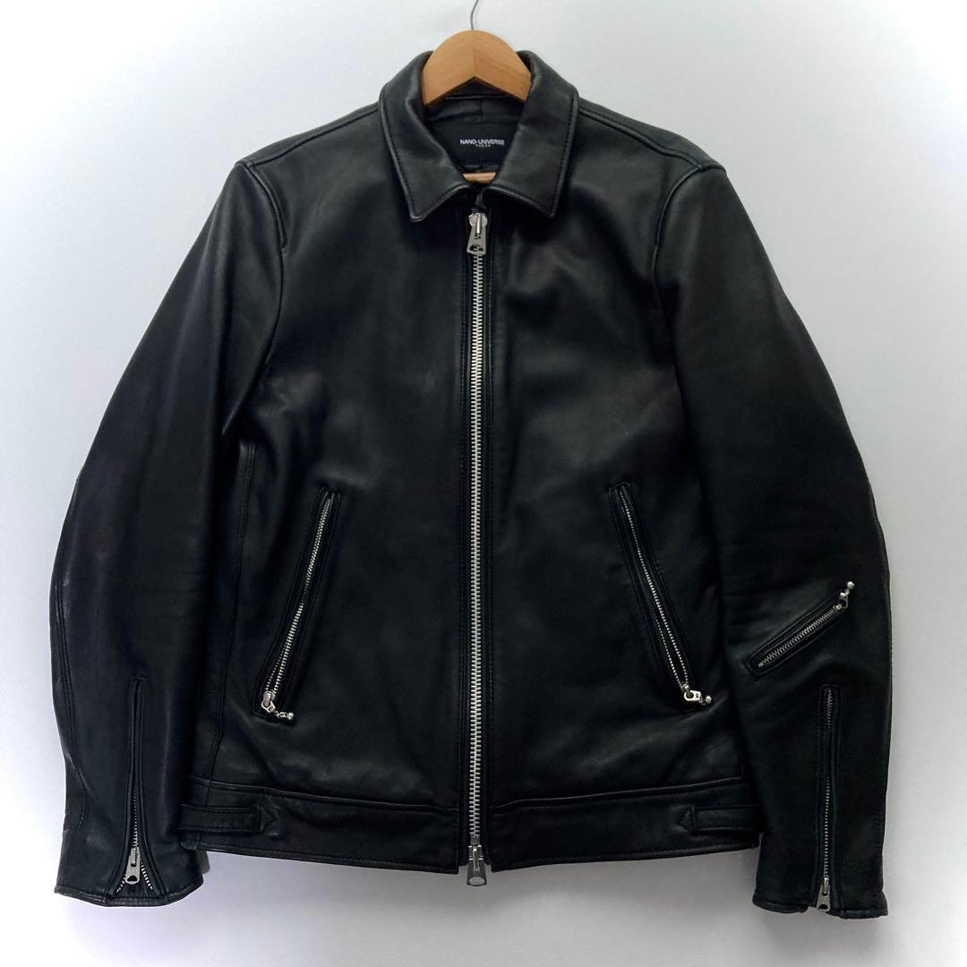 美品 ナノユニバース レザージャケット 羊革 キルティング ブラック 黒 L