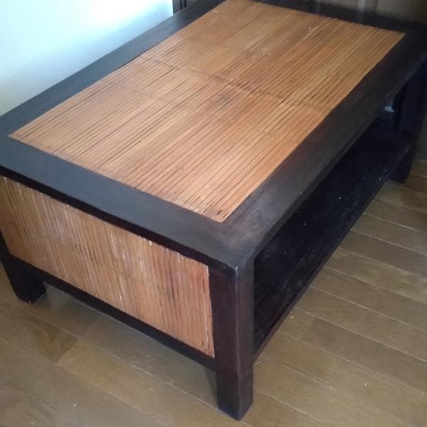 ローテーブル　木製座卓 竹天板 オープンシェルフ付き