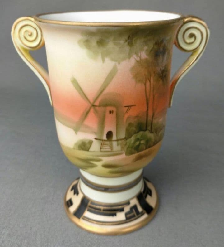 期間限定セール★オールドノリタケ オランダ 風車湖畔風景文 花瓶二耳壺