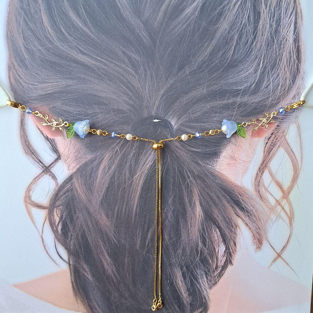 【スライド式】ガラスフラワーブルー×ゴールド枝葉 マスク用チェーン