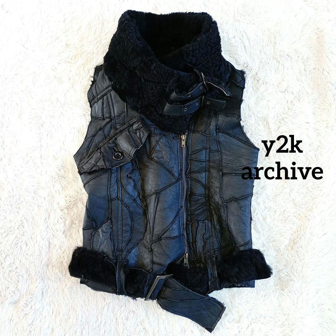 Y2K archive パッチワーク シープスキン ベスト グランジ パンク