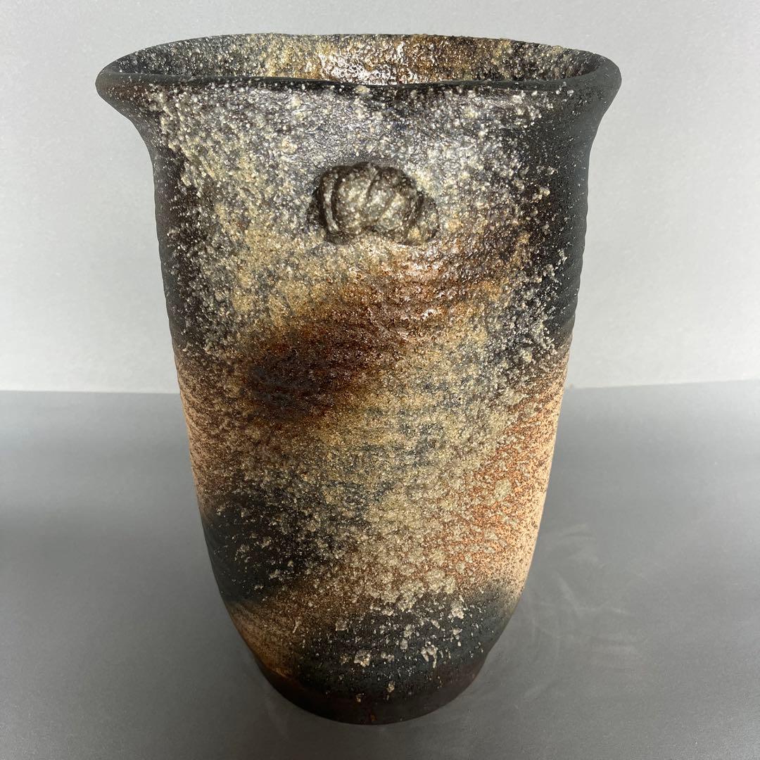 信楽焼傘立て  青窯肌縄手付 高さ４５cm