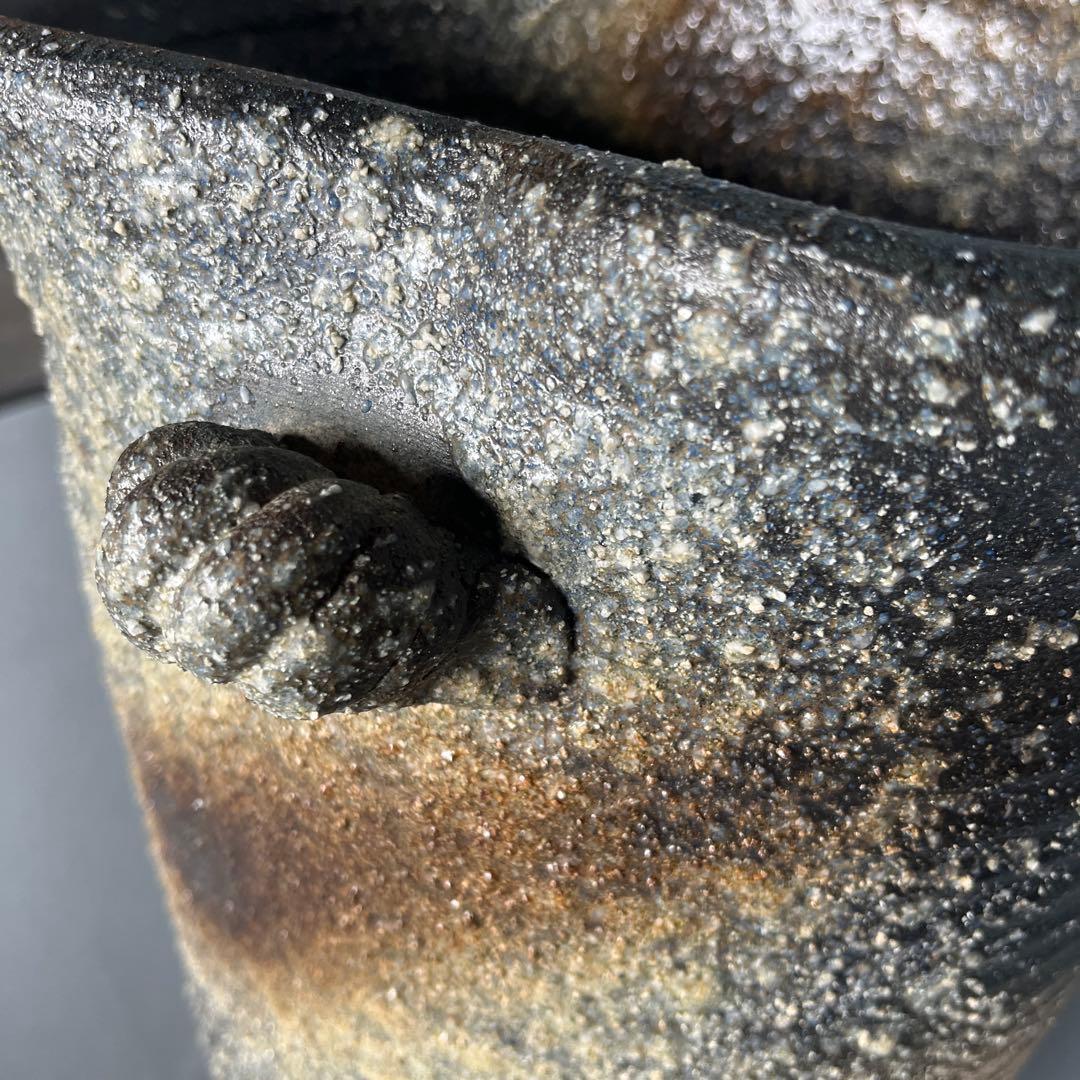 信楽焼傘立て  青窯肌縄手付 高さ４５cm