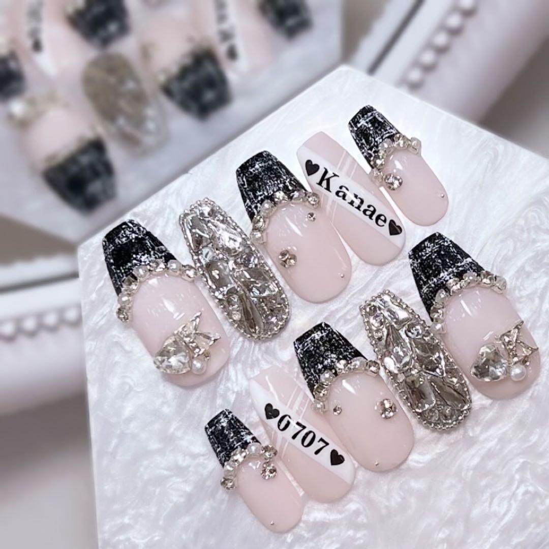 お急ぎ便A♥ ネイルチップ 量産型 ツイードネイル フレンチ 黒ネイル スナ系