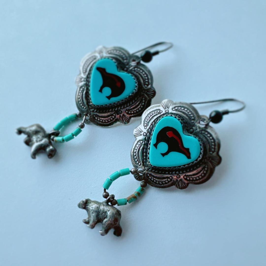 【J092】ヴィンテージ　ネイティブアメリカン　ターコイズ　ハート　ピアス