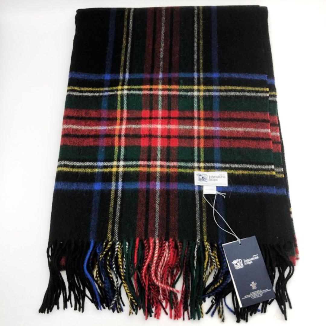 ジョンストンズ　大判　マフラー　スカーフ　ブラックスチュワート　タータンチェック