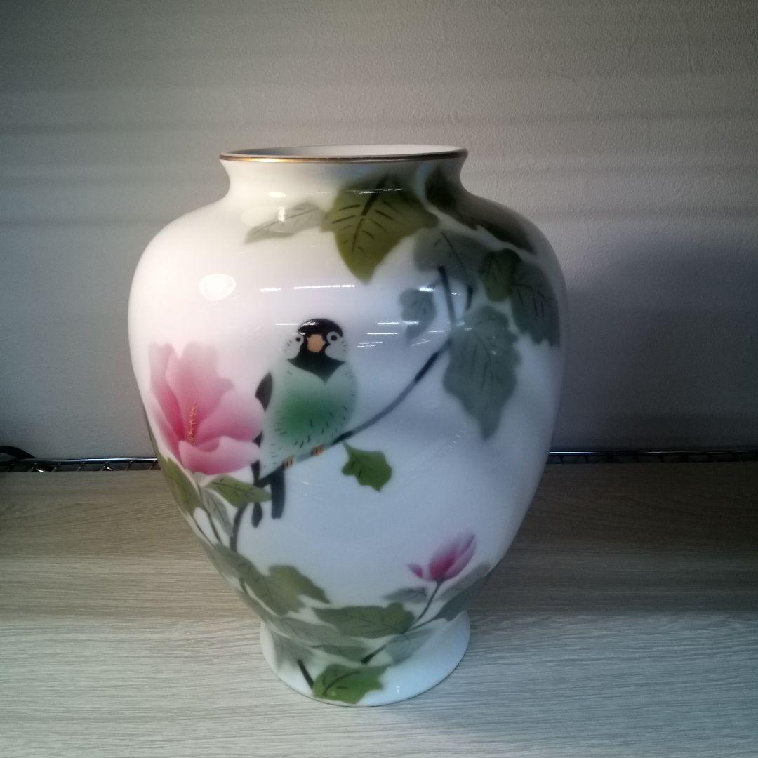 深川製磁　花と鳥の絵柄 陶器花瓶