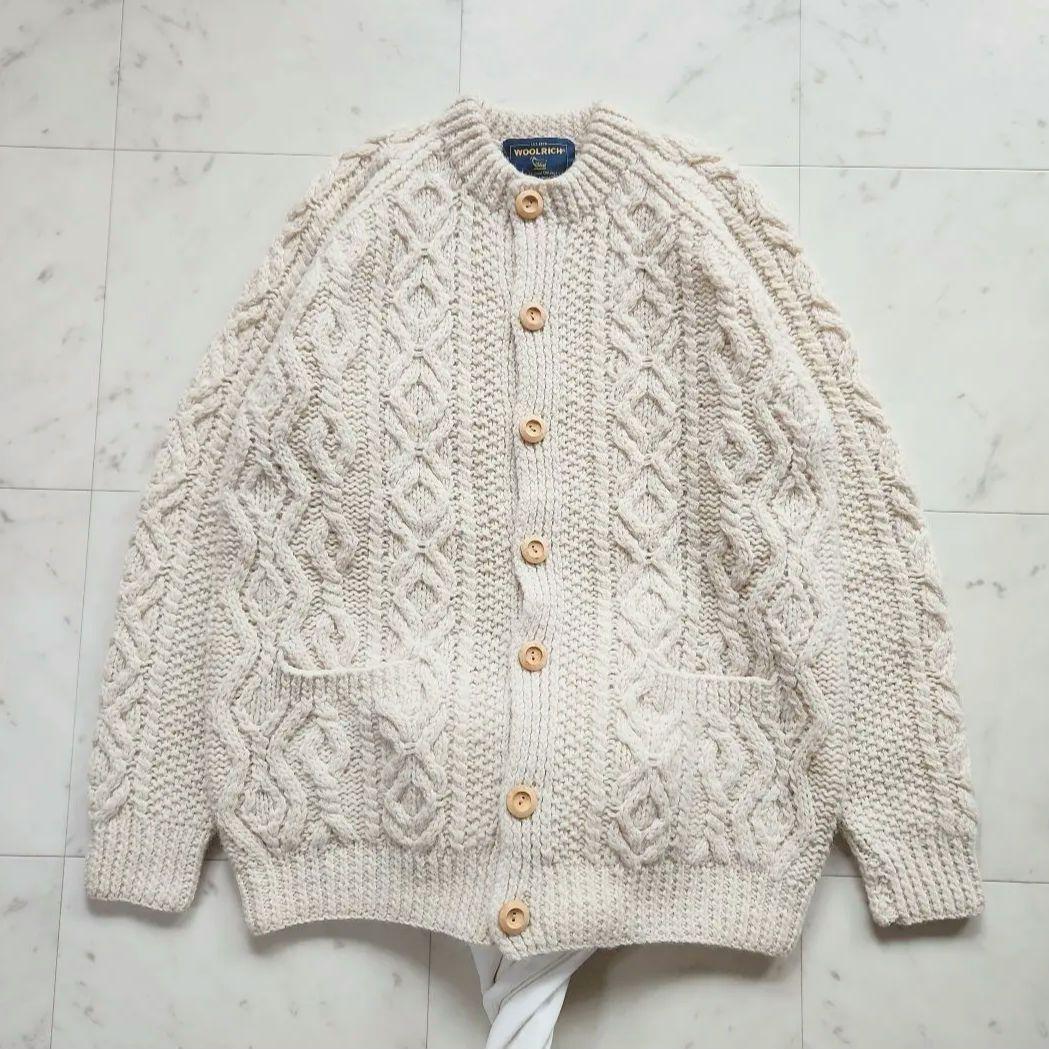 美品 ウールリッチ 厚手 カーディガン ケーブル編み ウール オフホワイトM