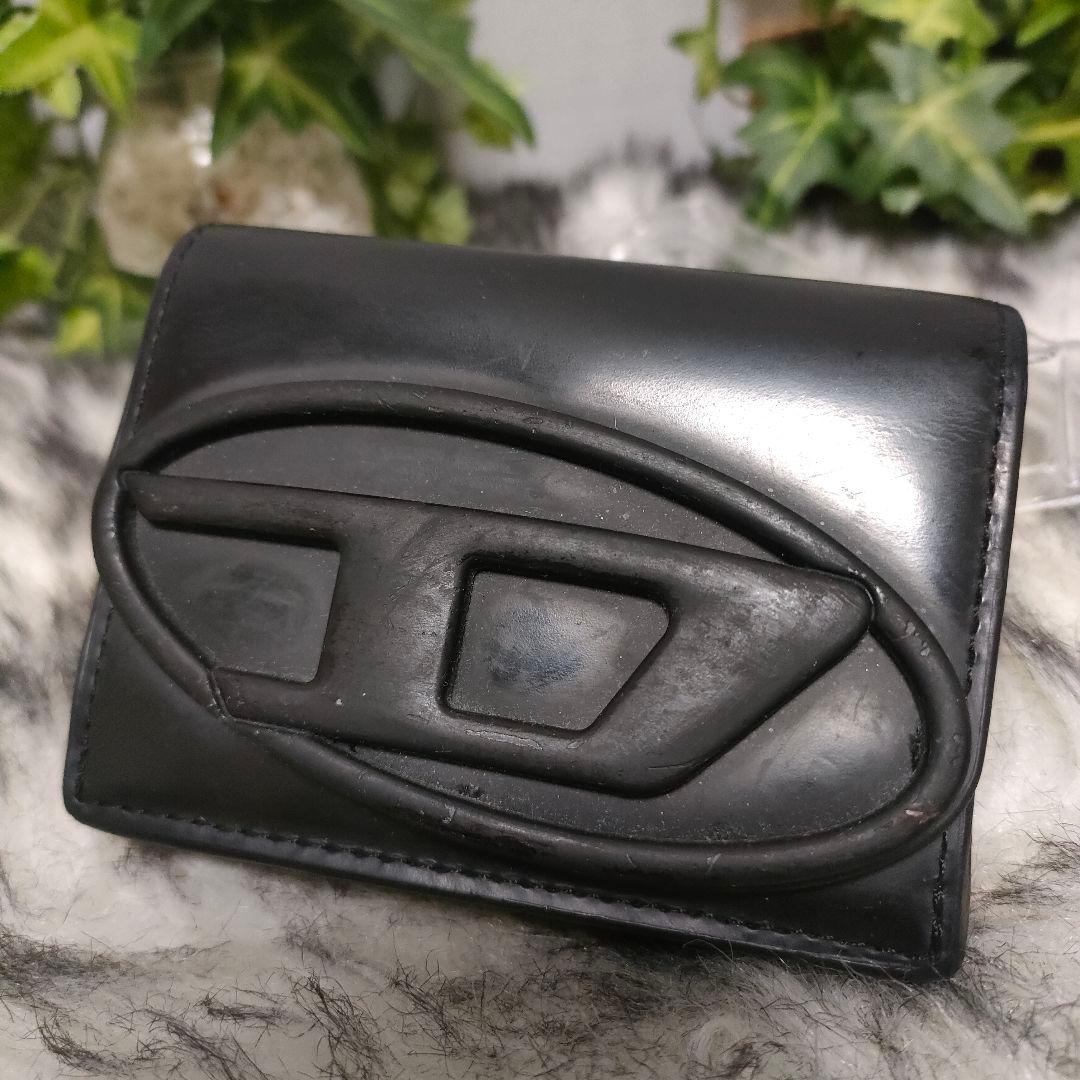 DIESEL 三つ折り財布 ブラック Dロゴ レザー ディーゼル 財布 黒革男女