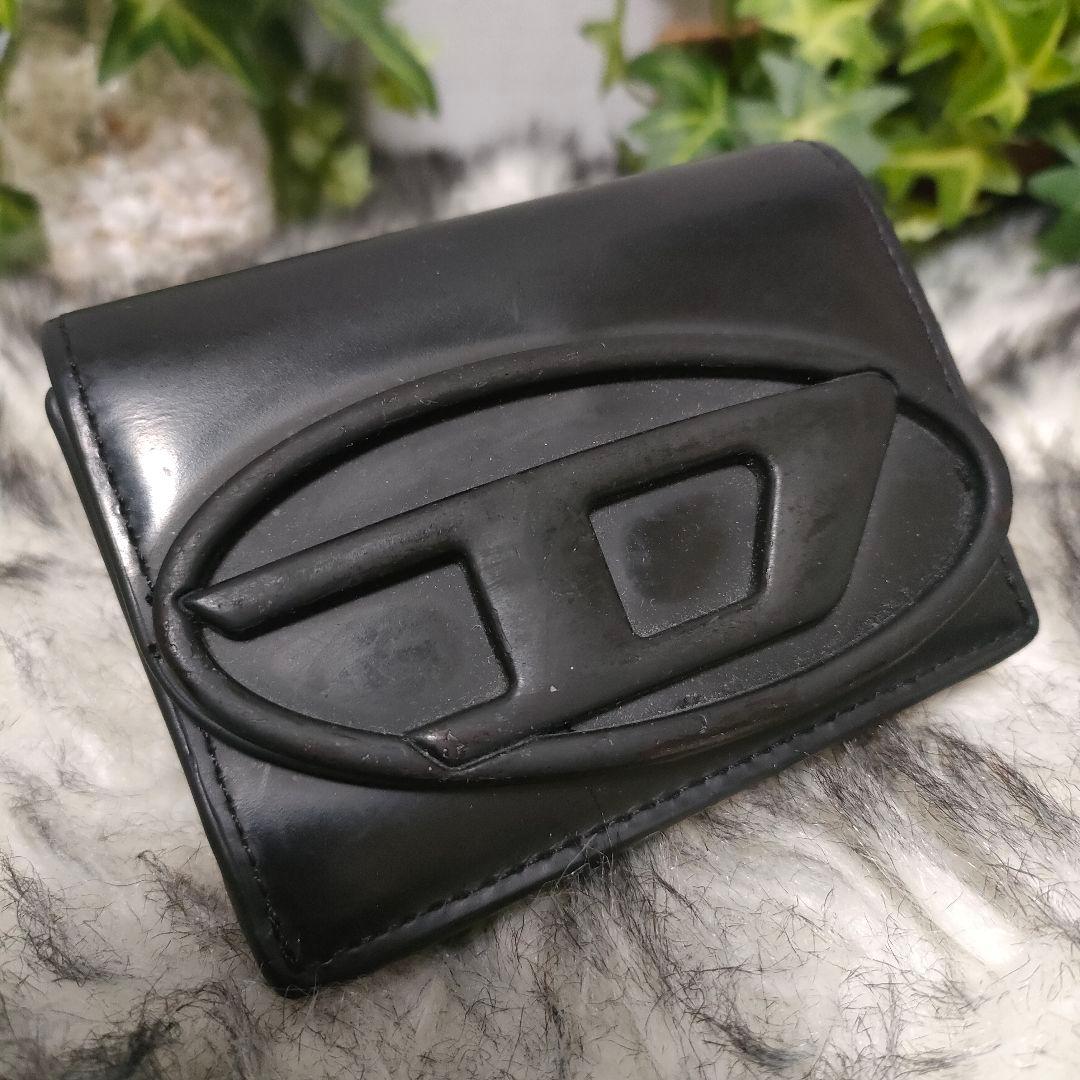 DIESEL 三つ折り財布 ブラック Dロゴ レザー ディーゼル 財布 黒革男女