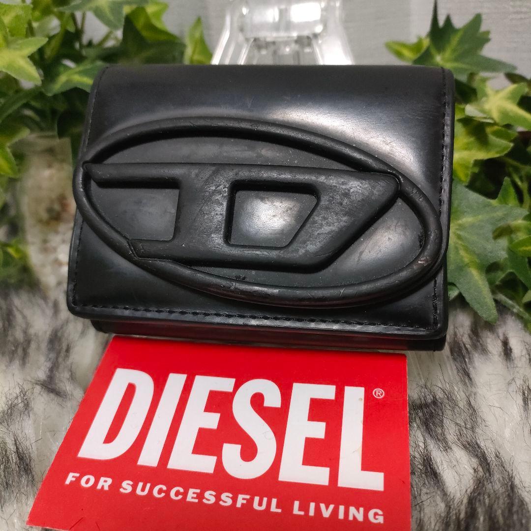 DIESEL 三つ折り財布 ブラック Dロゴ レザー ディーゼル 財布 黒革男女
