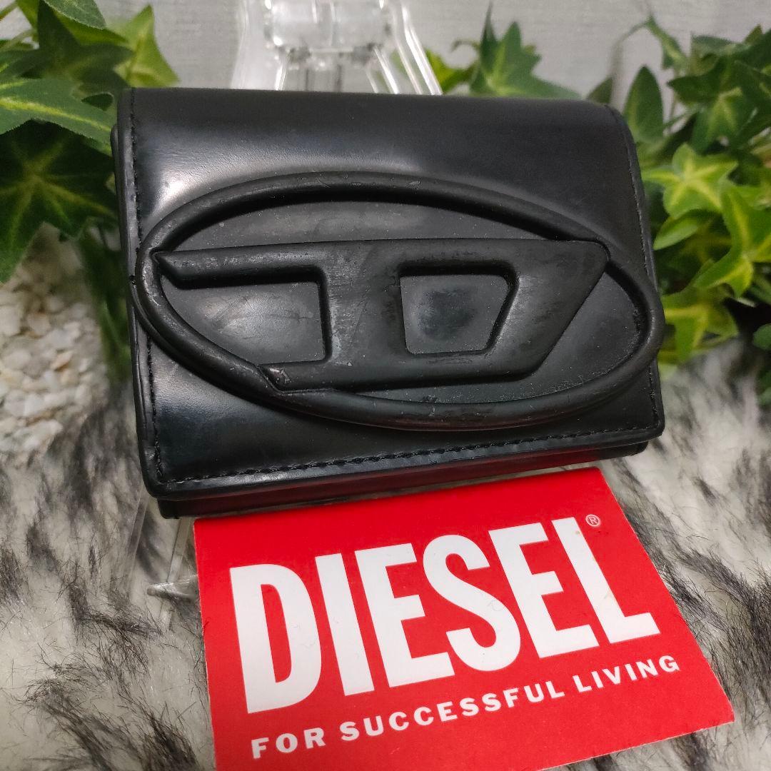 DIESEL 三つ折り財布 ブラック Dロゴ レザー ディーゼル 財布 黒革男女