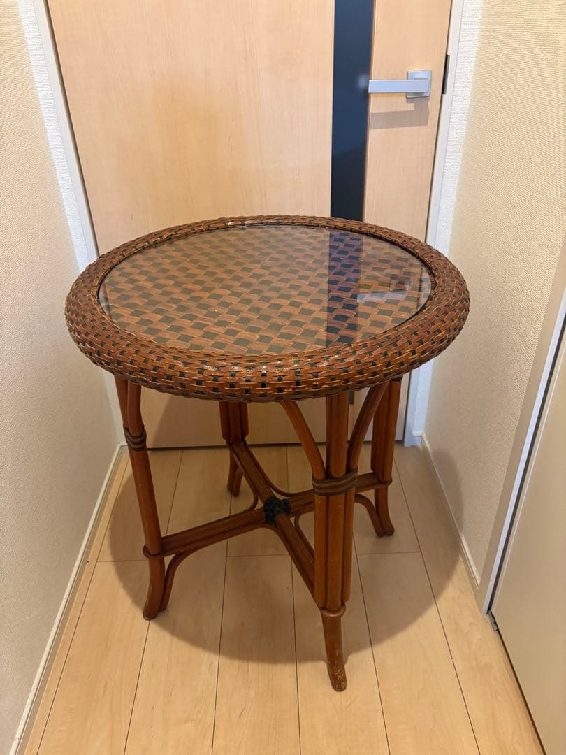 アンティーク　バリ家具　ガラステーブル　籐家具　ラタン　ヴィンテージ