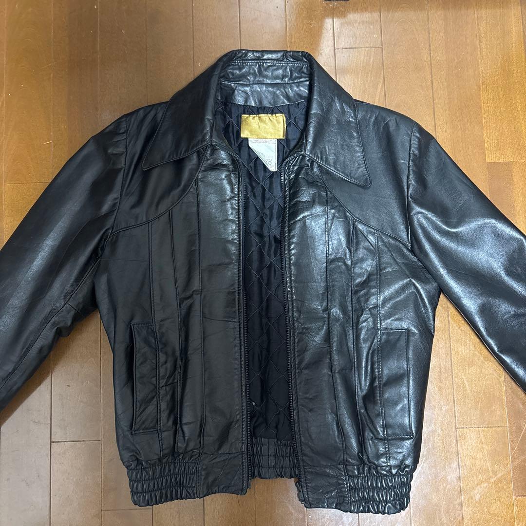 70s黒レザージャケット エラスティックバンド付き