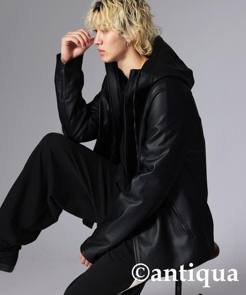 新品☆彡【antiqua】超軽量◎『ヴィ―ガンレザーフード付きジャケット』