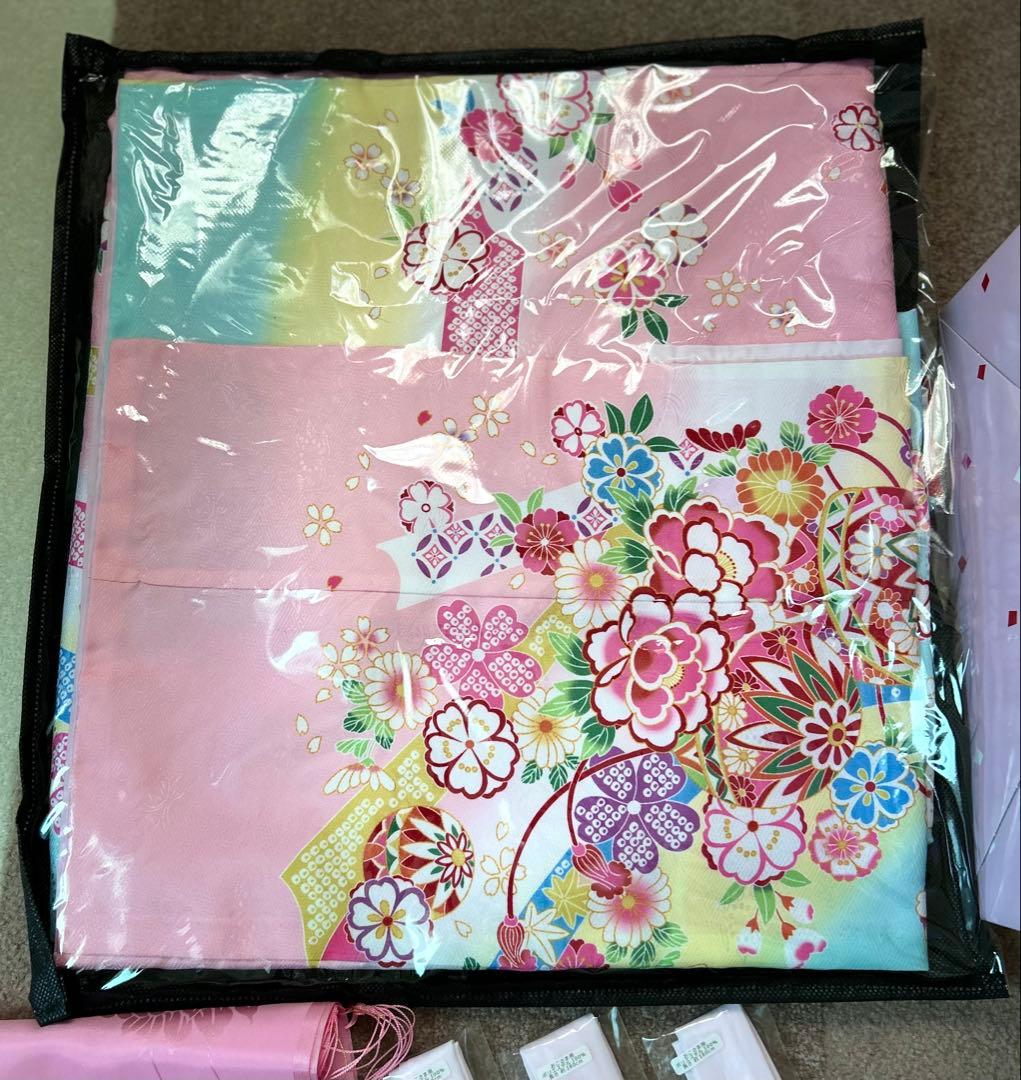 七五三着物 7歳 女の子 水色ピンク三色ぼかし染め金襴地友禅柄帯20点フルセット