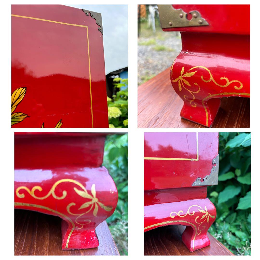 赤い花柄の木製タンス　シノワズリ家具　中国民藝　漆塗り　アンティーク　チェスト