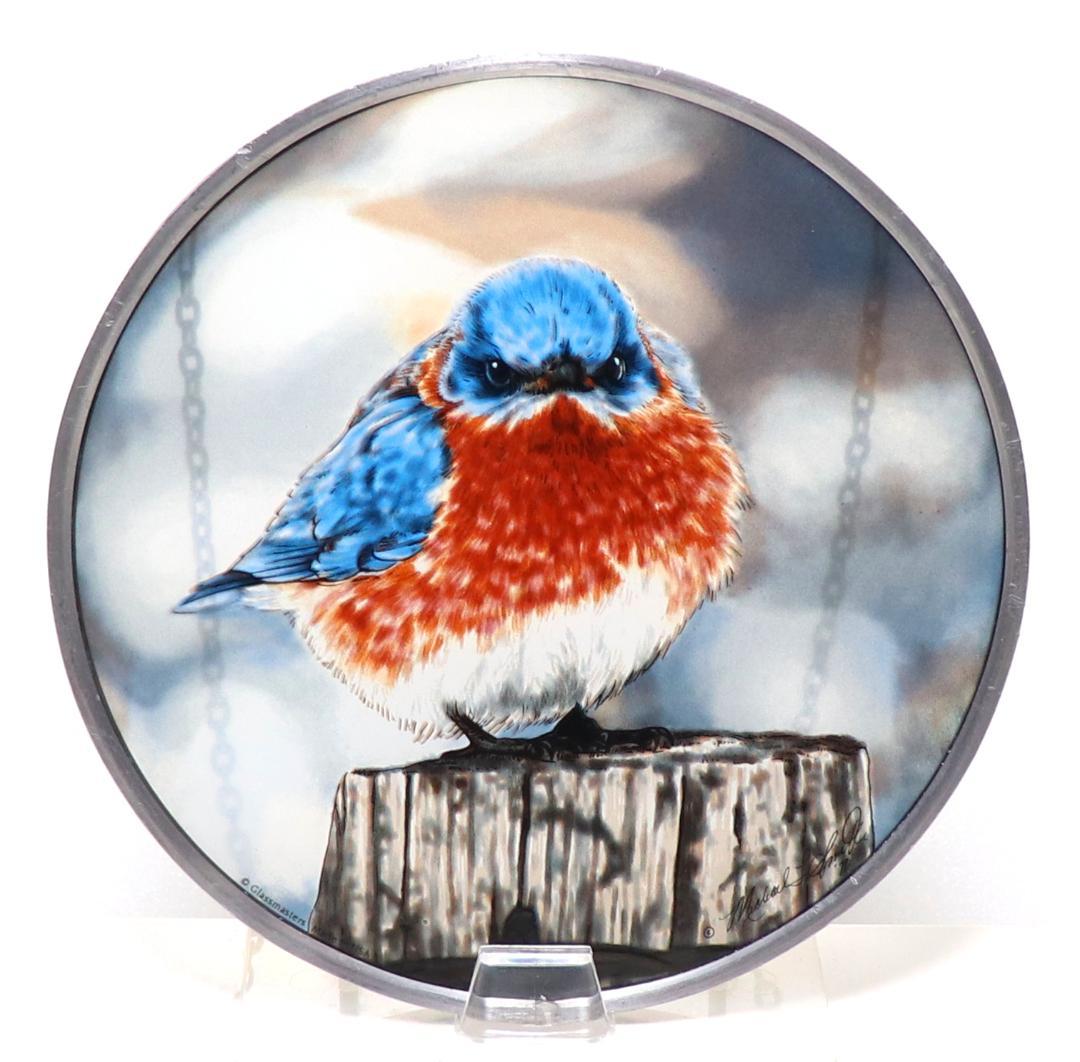 マイケル・スミス ヴィンテージ・ステンドグラス 丸太の上のルリツグミ