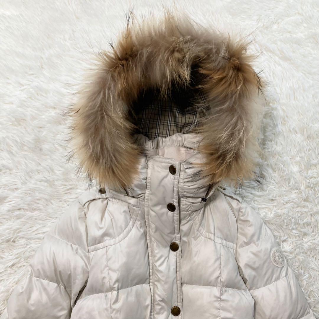 バーバリーブルーレーベル ダウンコート ベルト ラクーンファー ノバチェック