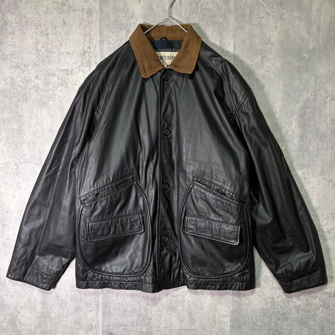 レザー トラッカー ジャケット 襟コーデュロイ 黒 本革 裏地チェック 中綿