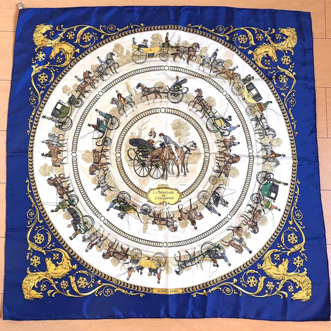 【HERMES】エルメス シルクスカーフ カレ90 ロングシャンの散歩 ブルー
