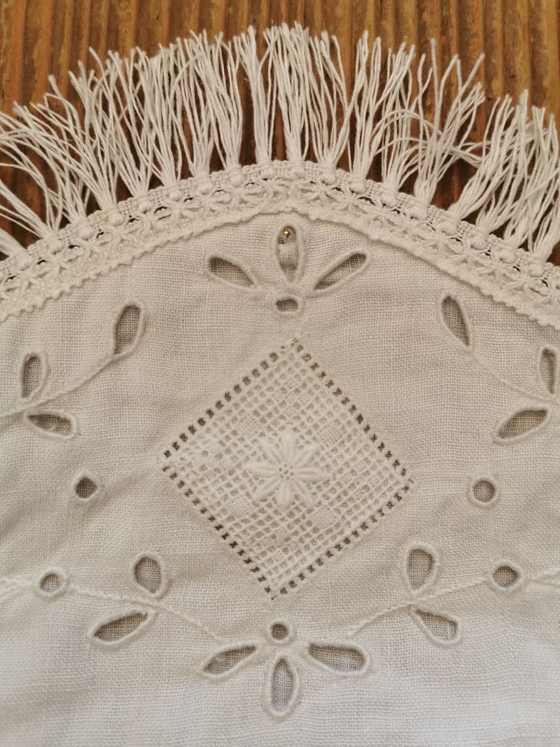 アンティーク 初聖体式 美しいアイレット白糸花刺繍 フリンジ付オモニエールバッグ