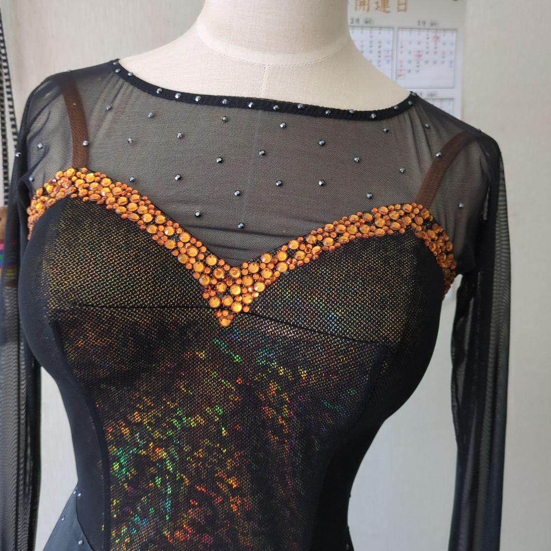 ma品 タカダンス 社交ダンス用黒ドレス 長袖 スパンコール&チョーカー付