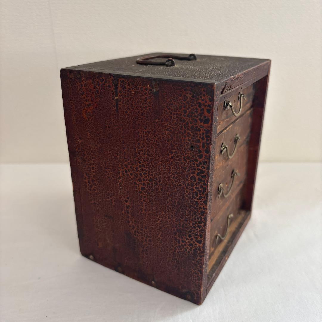 昭和レトロ 木製小引き出し 4段 持ち手付き 古道具 裁縫箱風 ヴィンテージ