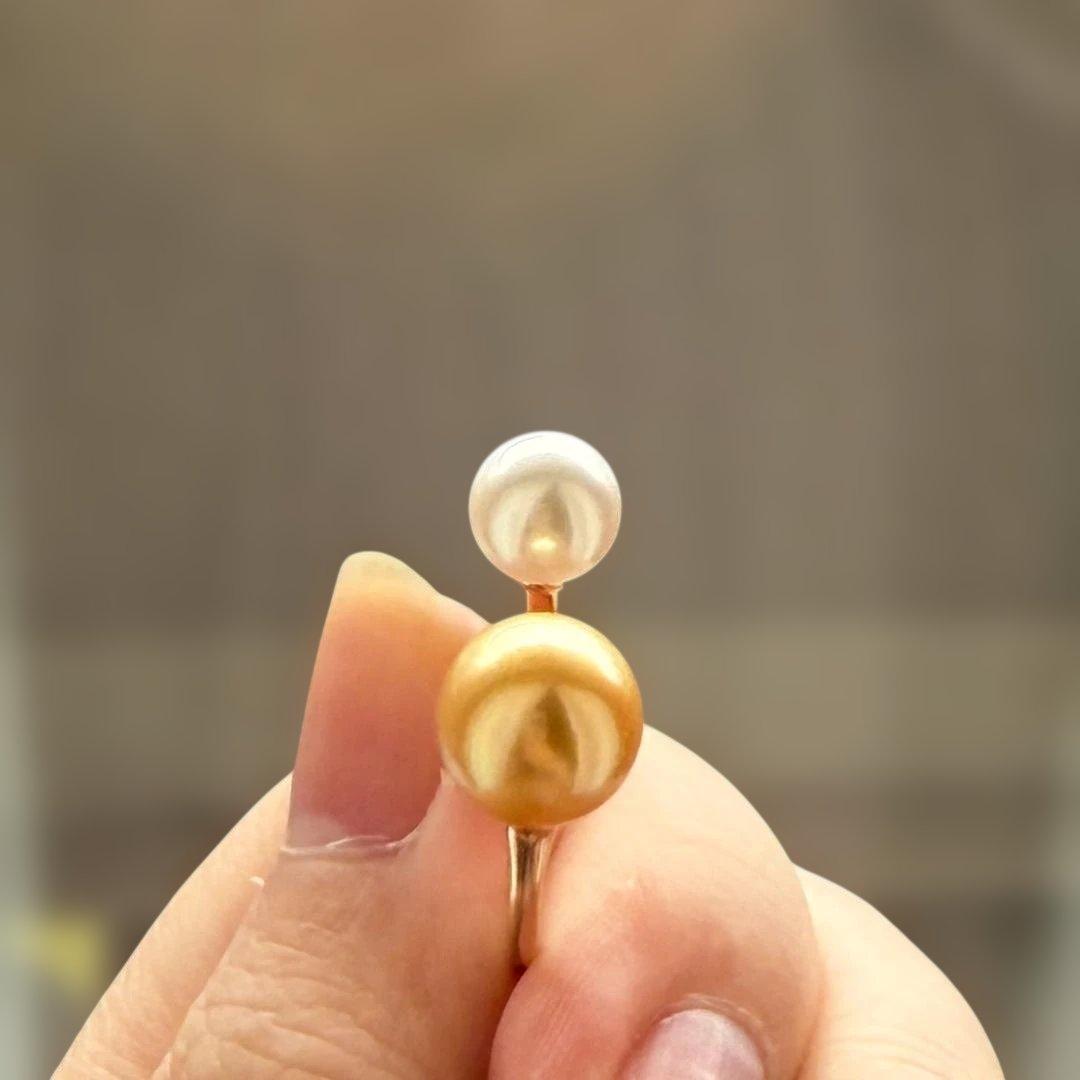 【極上のテリ】南洋真珠×Akoya真珠 2粒リング 9mm 濃金 S925