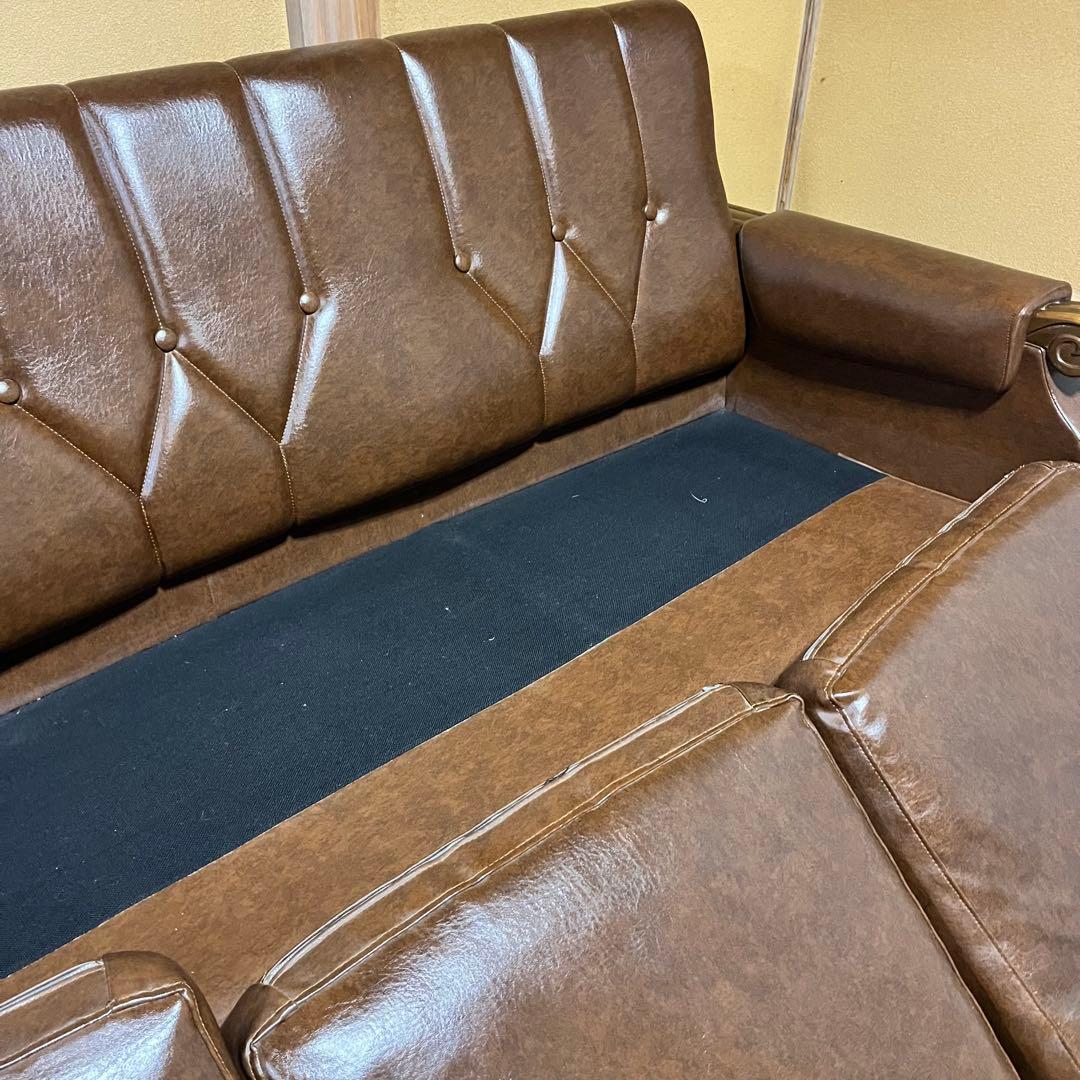 2/15まで！　昭和レトロ　ブラウン　合皮3人掛けソファー