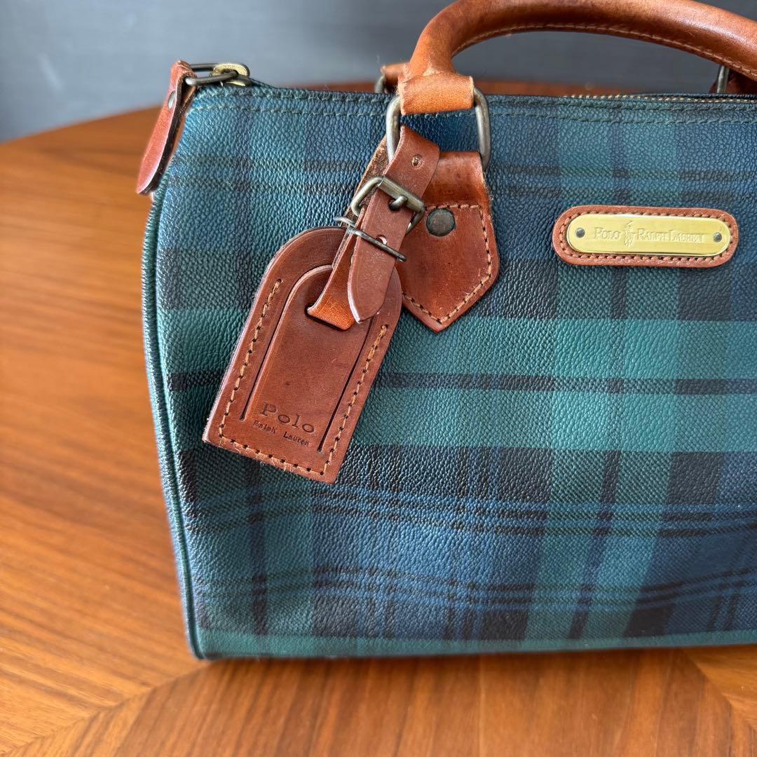 ポロラルフローレン PVCレザータグ付き ミニボストンバッグ チェック グリーン
