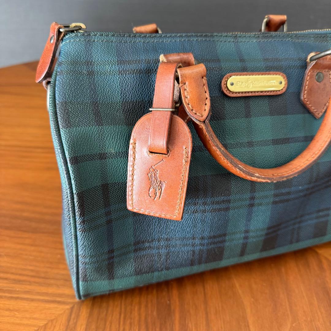 ポロラルフローレン PVCレザータグ付き ミニボストンバッグ チェック グリーン
