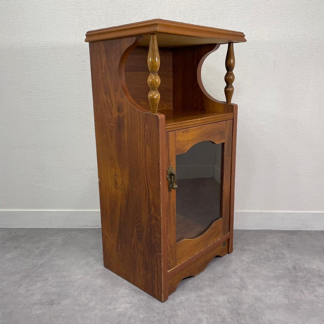 ヴィンテージ 木製 電話台 ガラス扉 キャビネット 飾り棚 花台 収納棚 レトロ