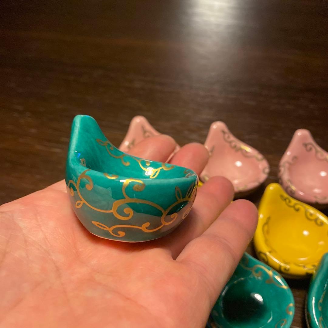 珍味入れ京焼　金唐草柄ちぎりもち緑交趾　黄交趾　ピンク3色　2セット 6個