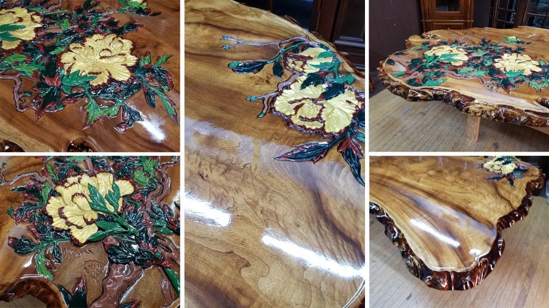 L16　美品！　逸品！　希少！　欅　天然木　無垢　一枚板 　天板　彫刻　ペイント